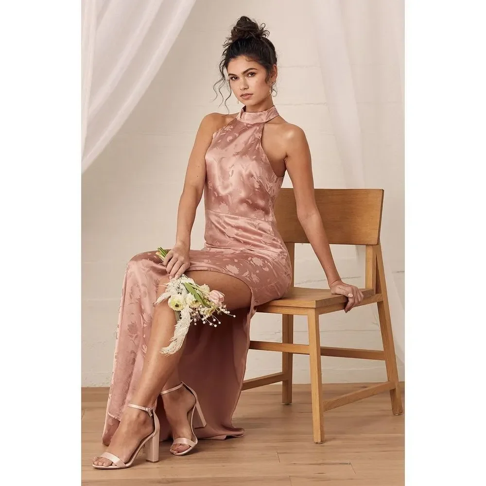 Lulu’s nwt Red Carpet Ready Light Rose Floral Satin Jacquard Maxi Dress - Picture 4 of 14